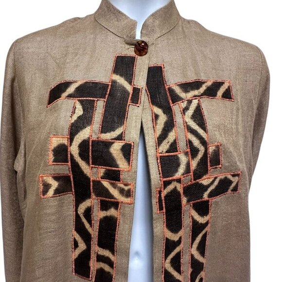 Cassowary Philadelphia XL 100% Linen Tan Embroidered Jacket Tunic Artsy Boho - Picture 3 of 9